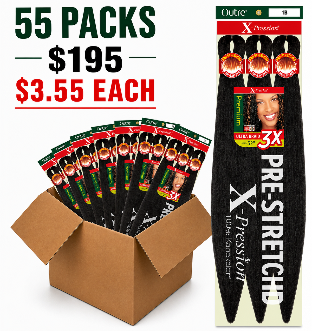 Outre Braids 3X X-Pression Kanekalon Pre Stretched Braid 52" (55 packs/Box) Box deal