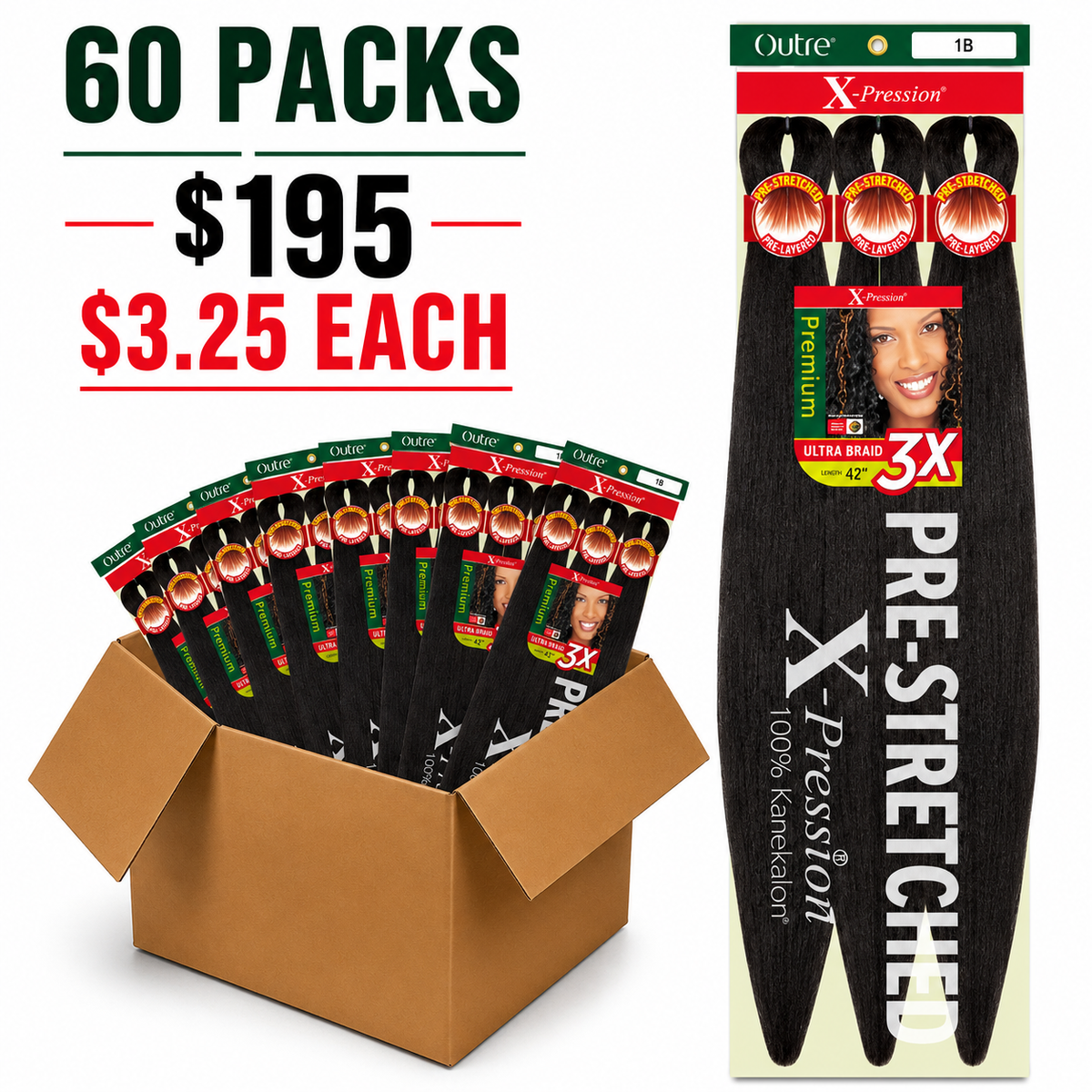 Outre Braids 3X X-Pression Kanekalon Pre Stretched Braid 42" (60 Packs/Box) box deal